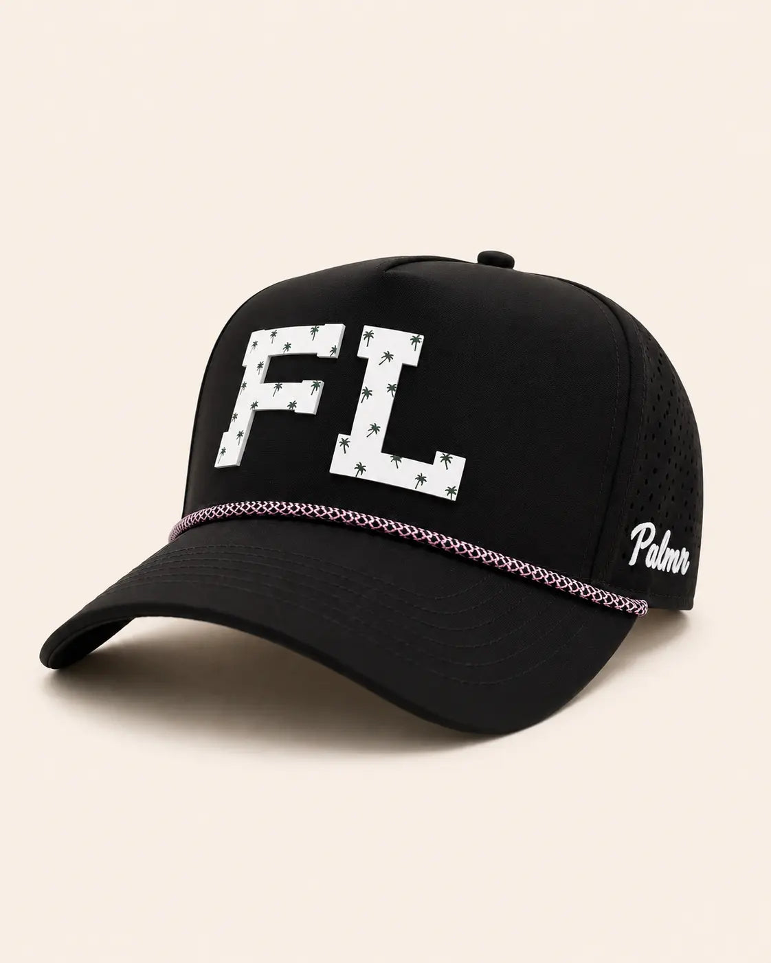Black cap with 'FL' and palm tree design on a beige background
