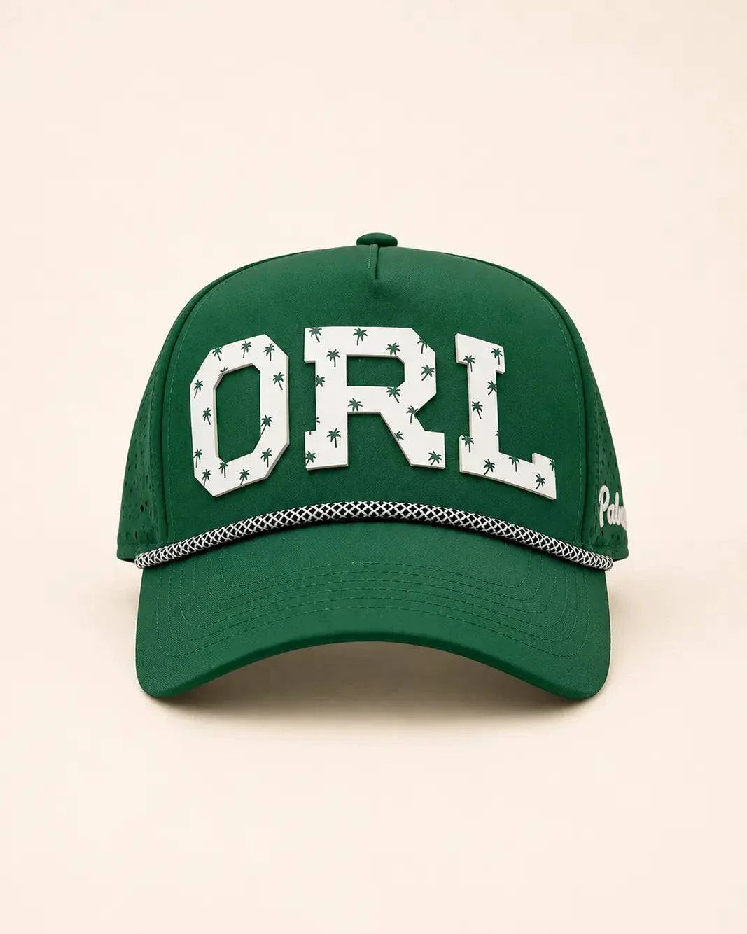 Green ORL Signature Hat with raised white lettering and palm accents, Orlando pride style, water-resistant 407 hat