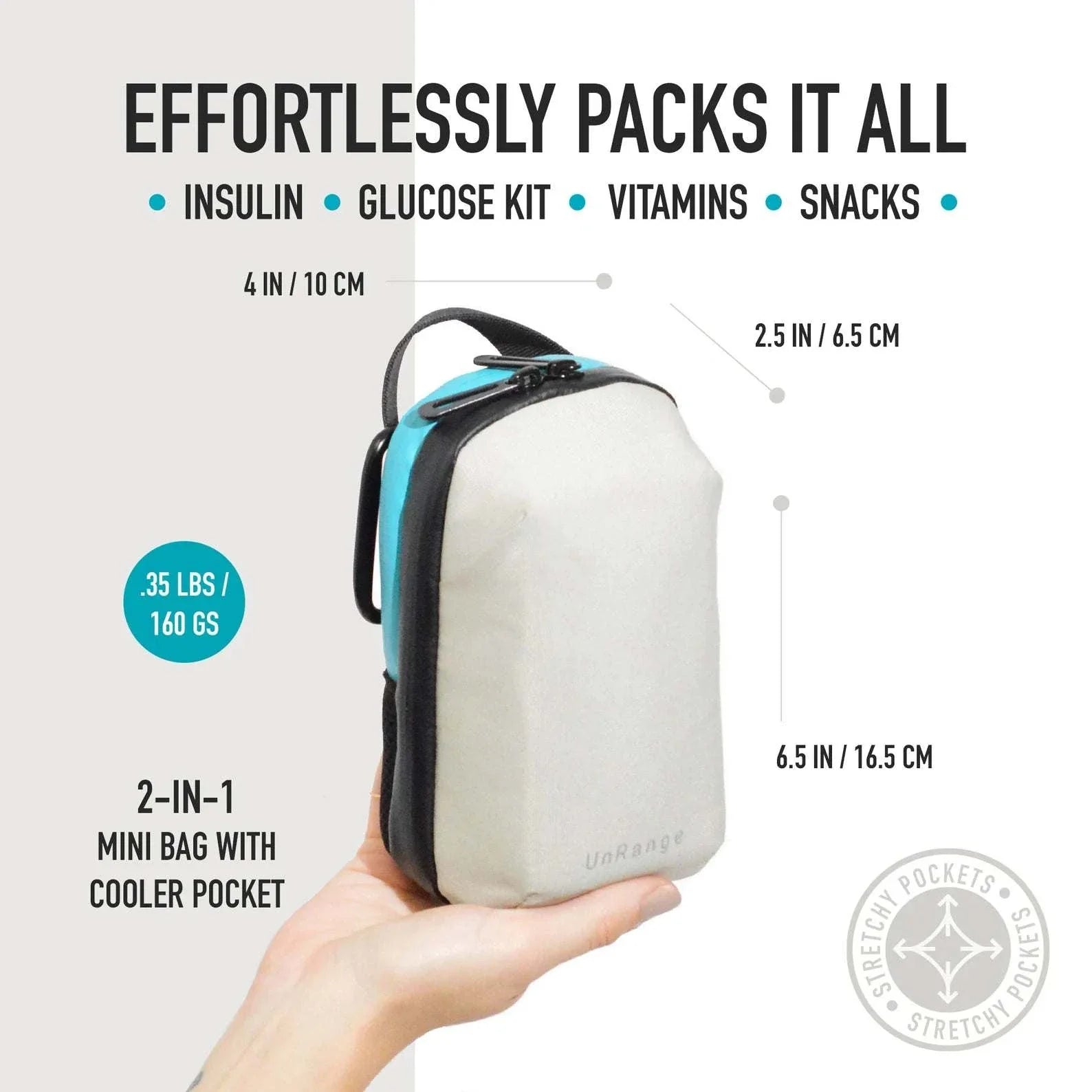 Compact insulated crossbody bag with clip attachments and nylon strap for diabetes supplies