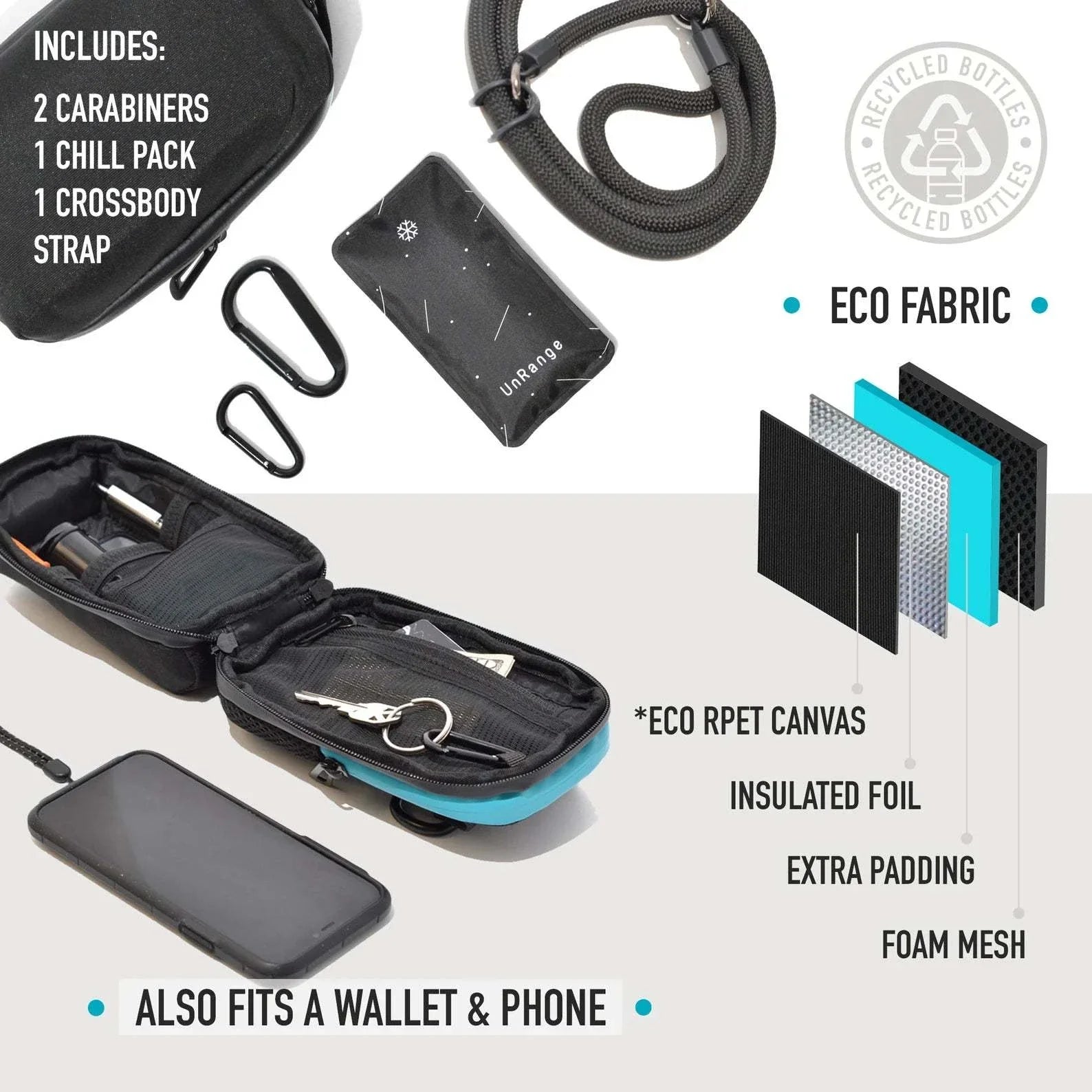Compact insulated crossbody bag with clip attachments and chill pack for diabetes medication storage