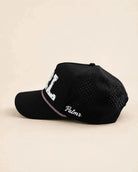 Black ORL 407 Hat with white silicone logo and palm design on structured rope cap