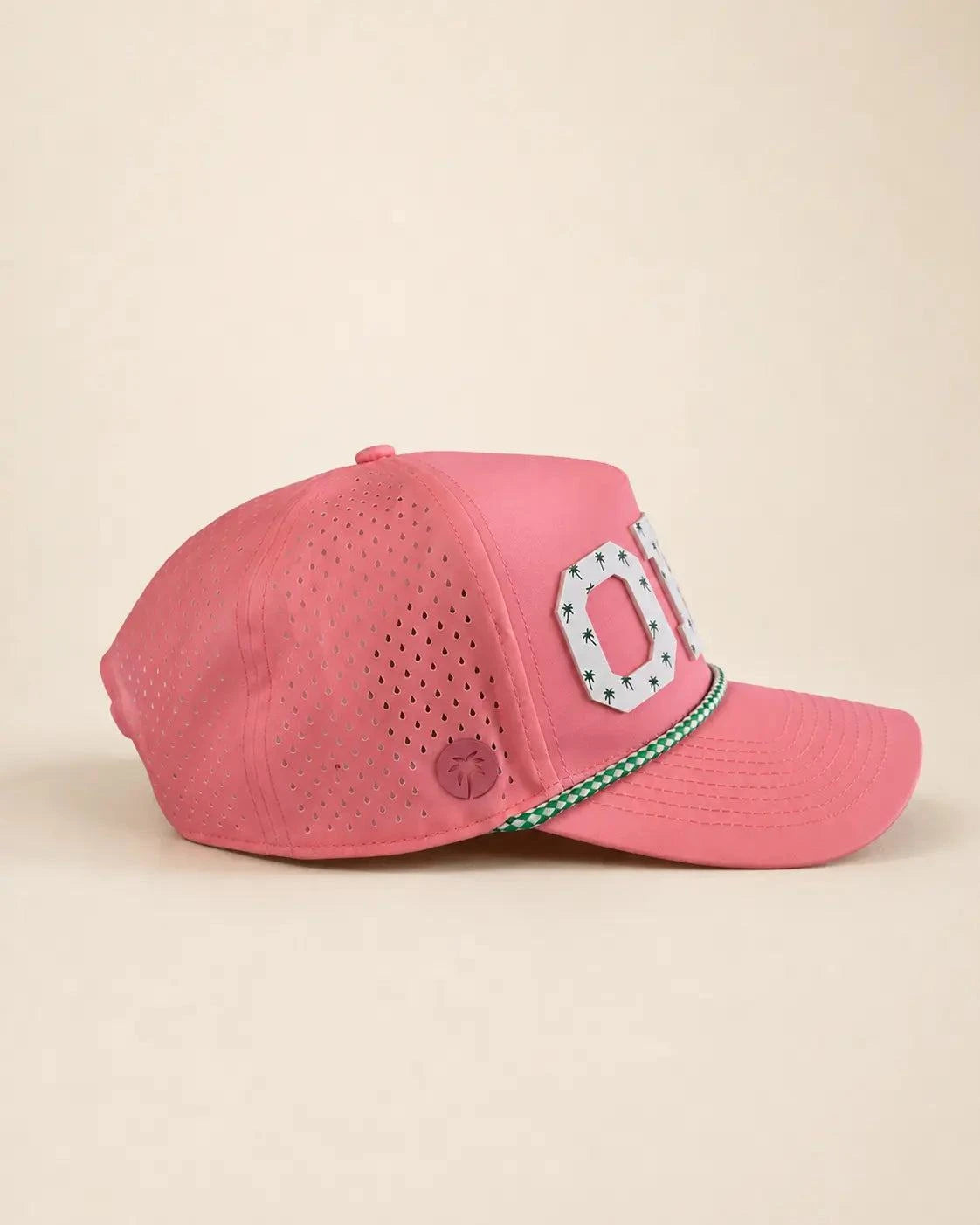 Pink ORL Signature Hat with white silicone Orlando 407 logo and palm design, water-resistant cap for Florida heat