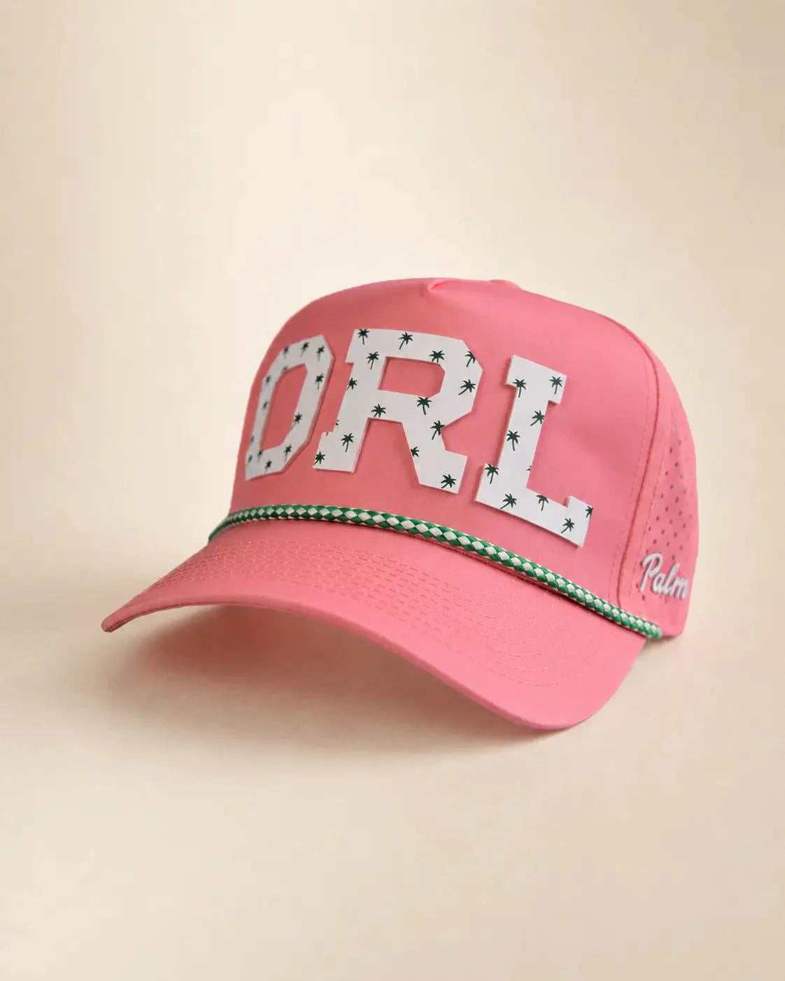 Pink ORL Signature Hat with white silicone 407 and small palm design, water-resistant and stylish for Florida heat