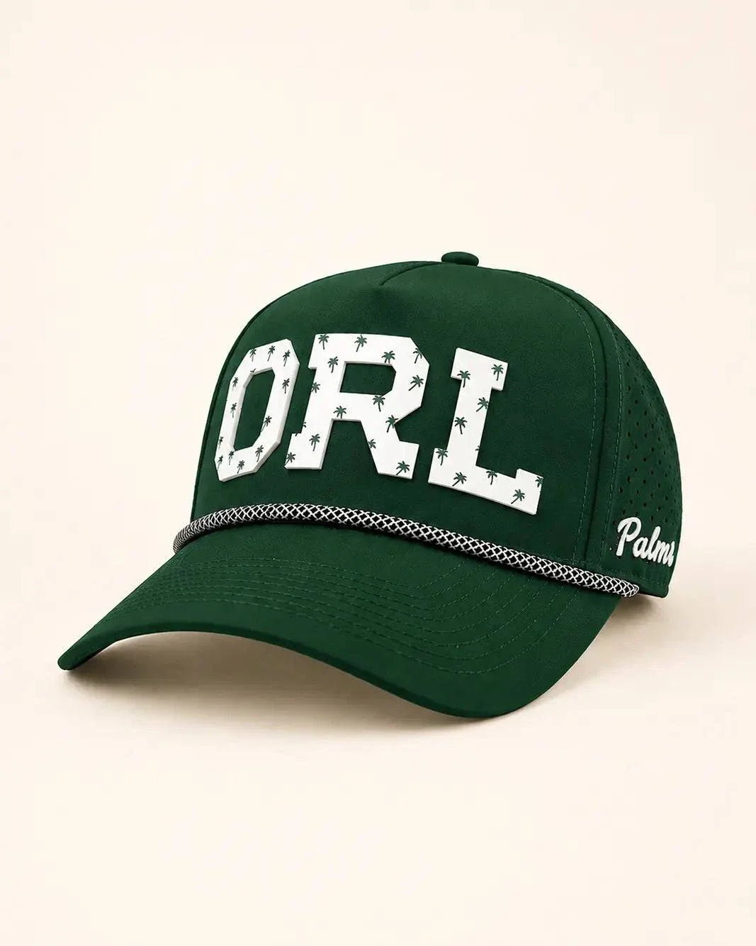 Green ORL Signature Hat with white raised silicone letters and small palm designs, water-resistant The 407 Hat for Orlando pride
