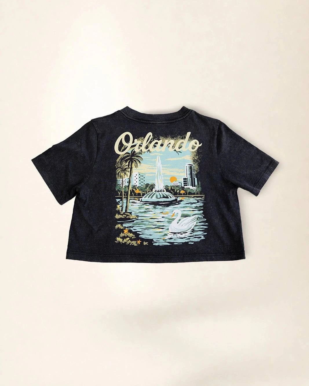 Black crop t-shirt showcasing Orlando's Owala's lake illustration
