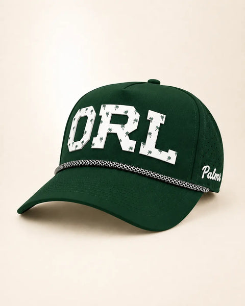 The ORL Signature Hat (Green): dark green rope snapback with ORL in white palm-print letters, perforated sides, Palmr script logo.