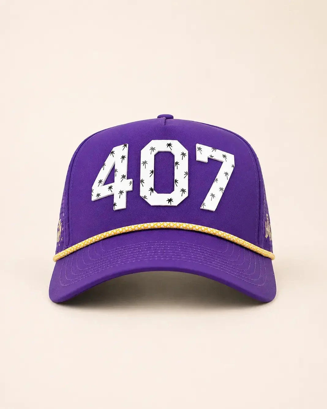 Purple and gold The 407 Hat with white Orlando area code and small palm logo on side