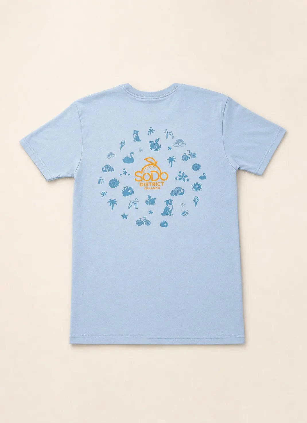 Blue SoDo Neighborhood Tee with orange logo and community icons on back, celebrating local SoDo District pride