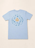 Blue SoDo Neighborhood Tee with orange logo and community icons on back, celebrating local SoDo District pride