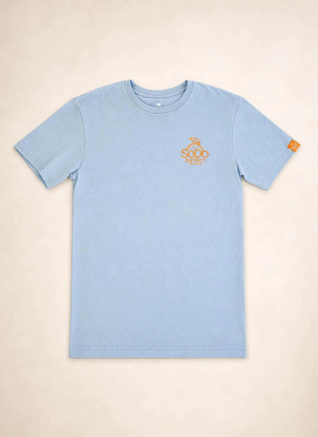 Blue SoDo Neighborhood Tee with orange logo and neighborhood icons on back representing community pride