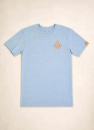 Blue SoDo Neighborhood Tee with orange logo and neighborhood icons on back representing community pride