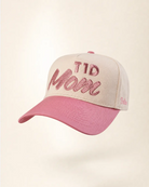 A baseball cap with a cream-colored crown and a dusty pink brim, featuring 'T1D Mom' embroidered in pink on the front. The brand name 'Pals' is visible on the side.