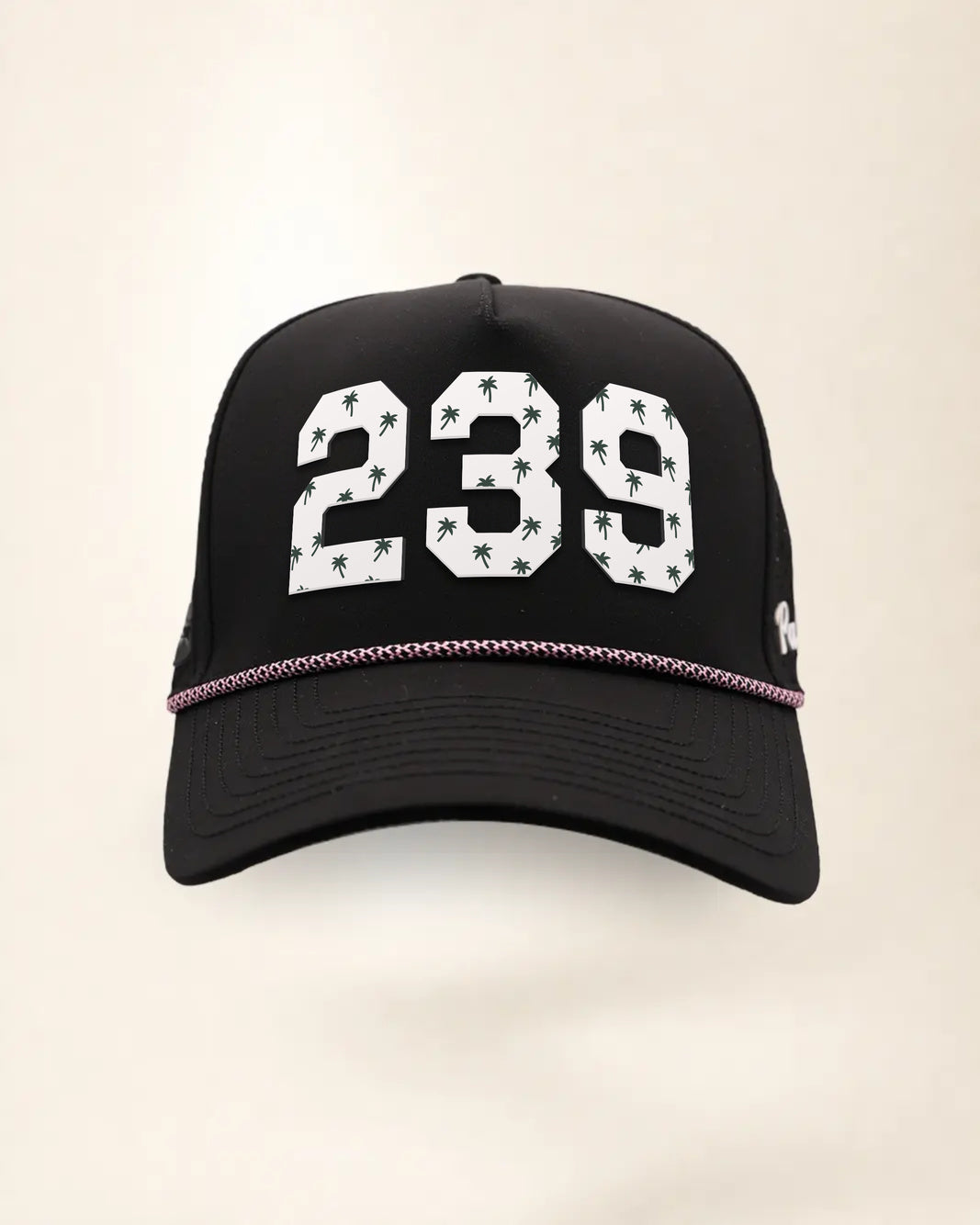 The 239 Signature Hat (Black), front view: white raised 239 with small palm print on a black crown, pink and white rope along the brim.