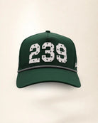 The 239 Signature Hat (Green), front view: white raised 239 with small palm print on a green crown, black and white rope along the brim.