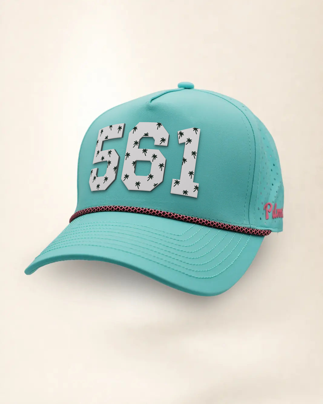 The 561 Signature Hat (Teal), three-quarter view: white raised 561 with small palm print on a teal rope snapback, pink and black rope, pink Palmr script.
