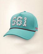 The 561 Signature Hat (Teal), three-quarter view: white raised 561 with small palm print on a teal rope snapback, pink and black rope, pink Palmr script.