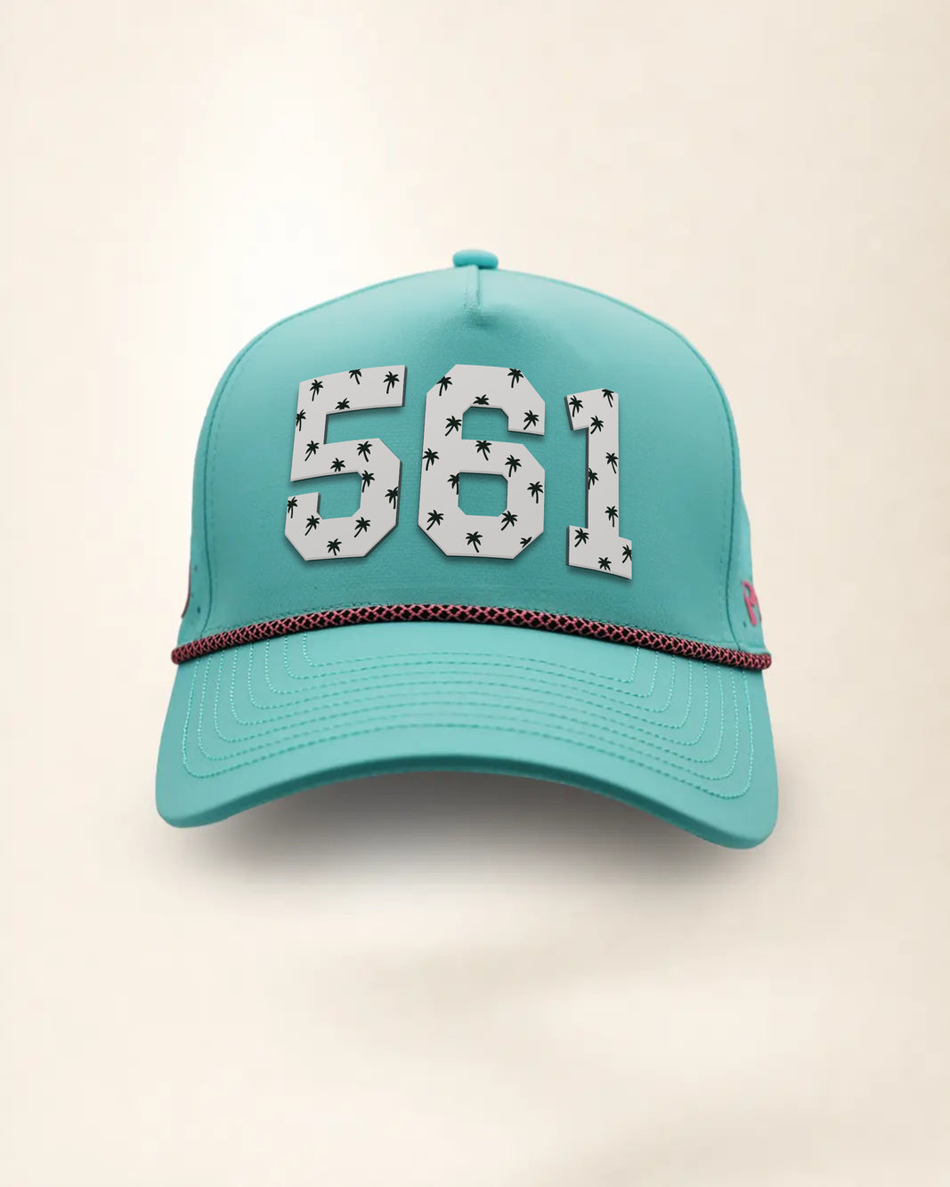 The 561 Signature Hat (Teal), front view: white raised 561 with small palm print on a teal crown, pink and black rope along the brim.