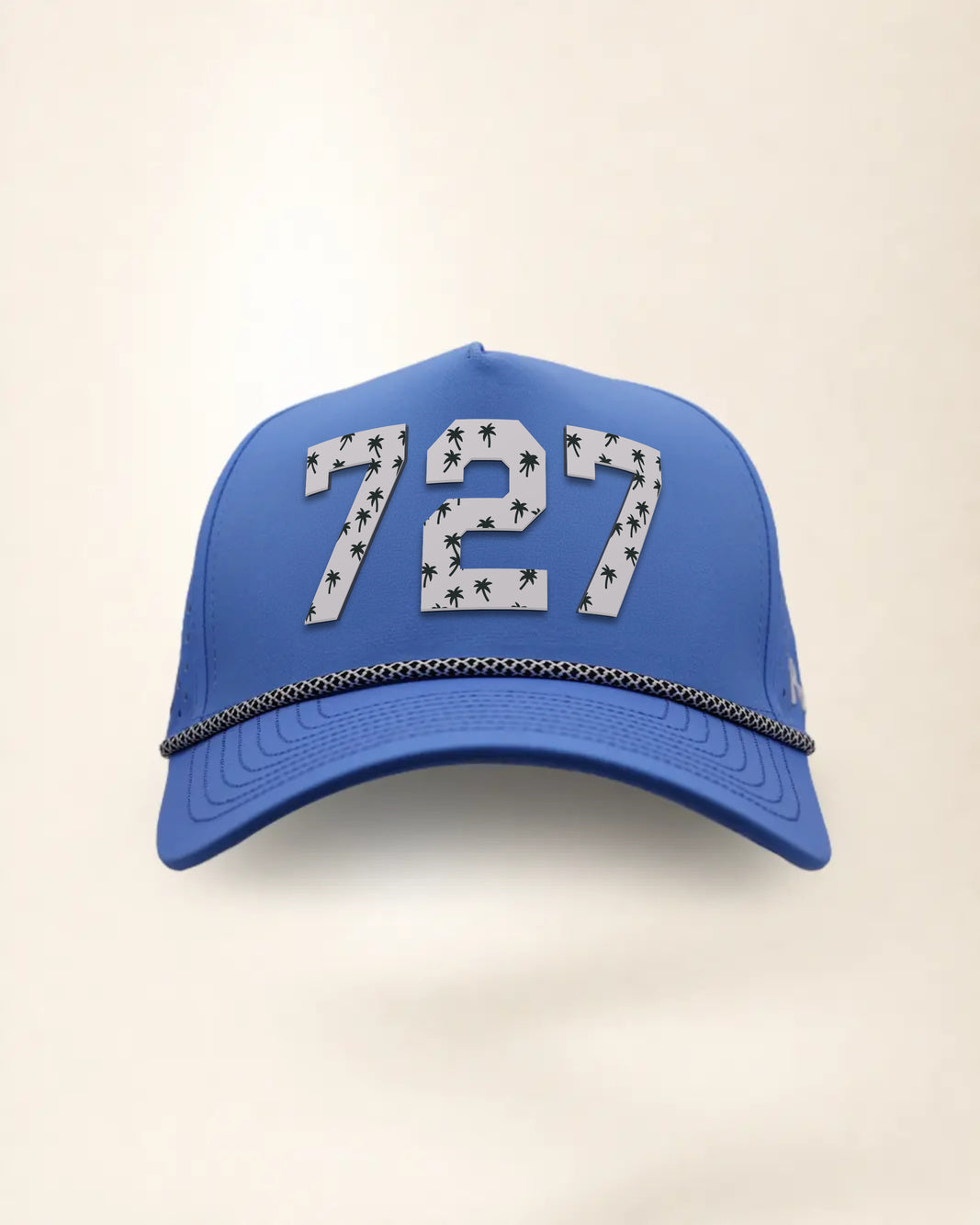 The 727 Signature Hat (Blue), front view: white raised 727 with small palm print on a blue crown, black and white rope along the brim.