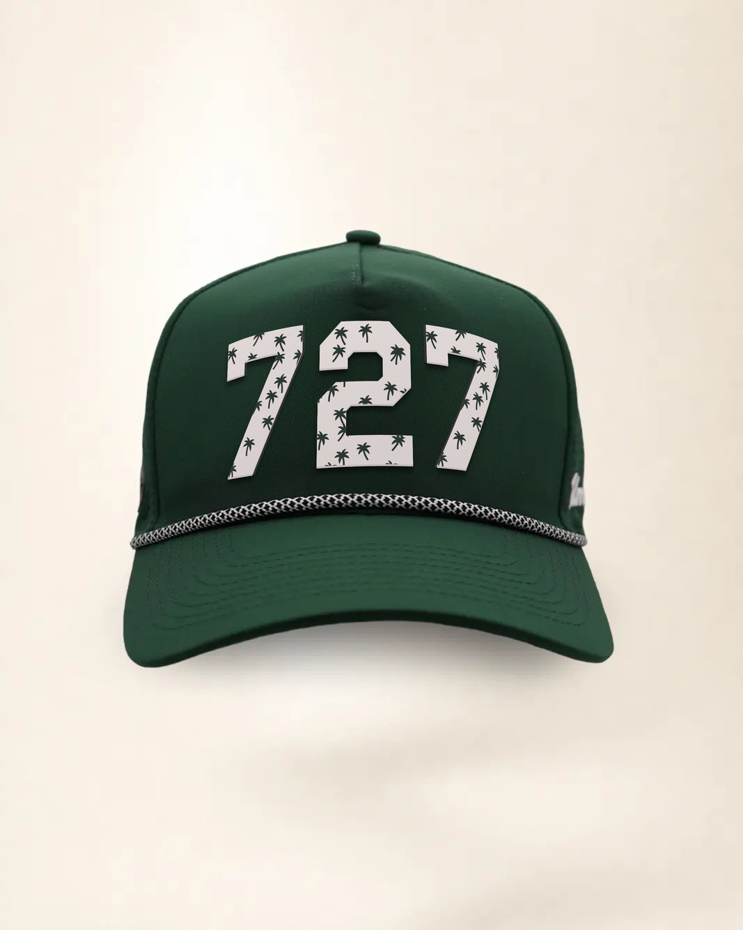 The 727 Signature Hat (Green), front view: white raised 727 with small palm print on a green crown, black and white rope along the brim.