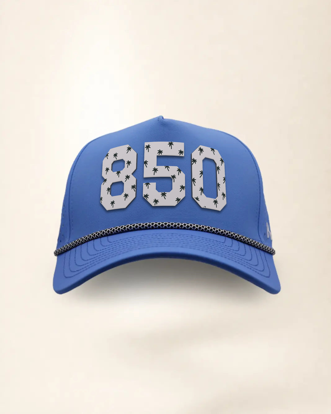 The 850 Signature Hat (Blue), front view: white raised 850 with small palm print on a blue crown, black and white rope along the brim.