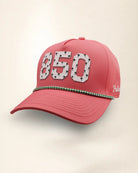 The 850 Signature Hat (Pink), three-quarter view: white raised 850 with small palm print on a pink rope snapback, green and white rope, white Palmr script.