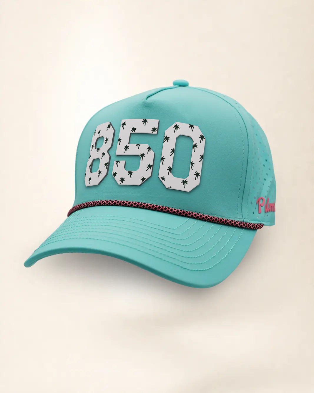 The 850 Signature Hat (Teal), three-quarter view: white raised 850 with small palm print on a teal rope snapback, pink and black rope, pink Palmr script.