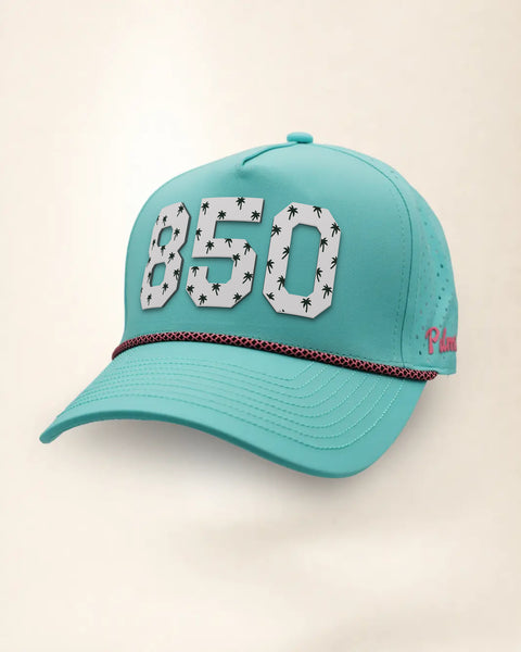 The 850 Signature Hat (Teal), three-quarter view: white raised 850 with small palm print on a teal rope snapback, pink and black rope, pink Palmr script.