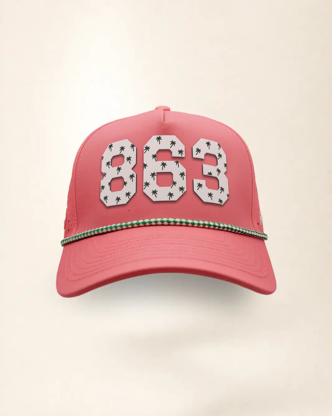 The 863 Signature Hat (Pink), front view: white raised 863 with small palm print on a pink crown, green and white rope along the brim.