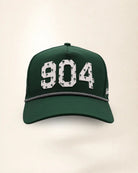 The 904 Signature Hat (Green), front view: white raised 904 with small palm print on a green crown, black and white rope along the brim.