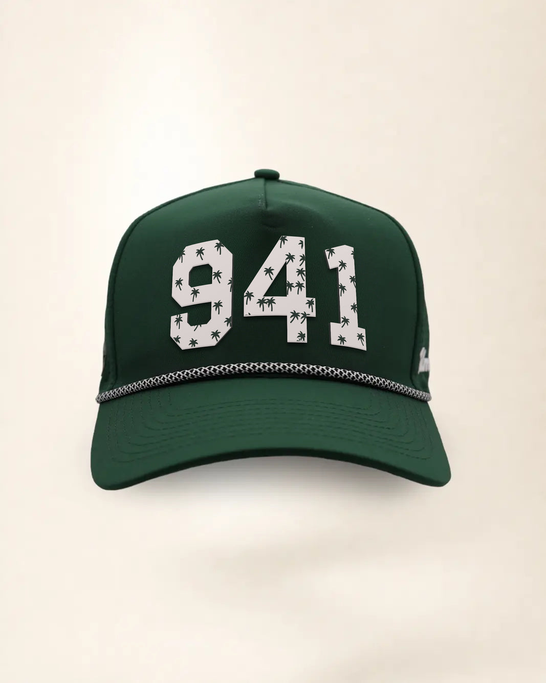 The 941 Signature Hat (Green), front view: white raised 941 with small palm print on a green crown, black and white rope along the brim.