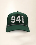 The 941 Signature Hat (Green), front view: white raised 941 with small palm print on a green crown, black and white rope along the brim.